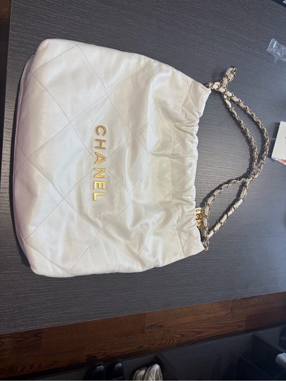 CHANEL 23 Small Iridescent White  Quilted Leather Shoulder Bag with Gold Logo